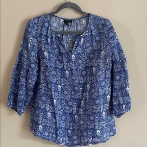 Talbots Blue and White Floral Linen Blouse